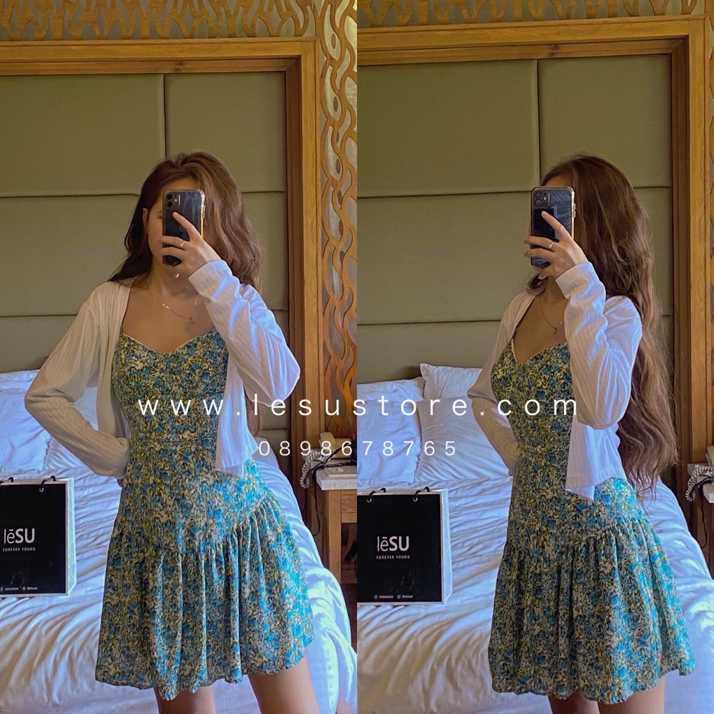 ẢNH TỰ CHỤP Set Cardigan & Đầm 2 dây hoa xoè đuôi cá