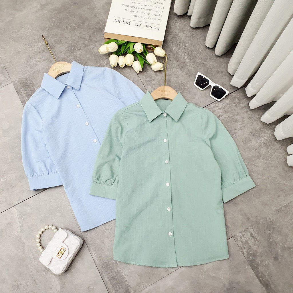 Áo sơ mi nữ tay bồng cổ đức Chunxuu, màu sắc thanh lịch chất vải đẹp mịn chống nhăn - SP33 xanh lá