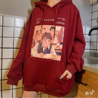 Áo Hoodie Tay Dài Dáng Rộng In Họa Tiết Hoạt Hình Màu Đỏ Rượu Thời Trang Cho Nữ