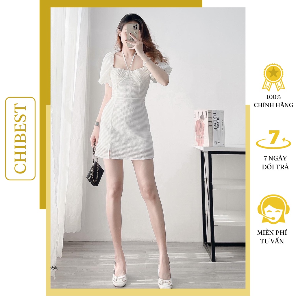 Đầm chữ A phối xẻ đùi ly ngực cổ vuông tay phồng cột dây cổ chất liệu xốp caro đi tiệc sang trọng HDB78 CHIBEST