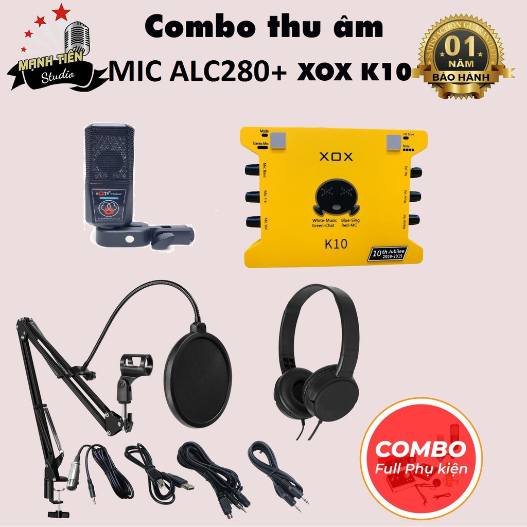 Bộ Combo livestream thu âm karaoke ALC280 +Sound card XOX K10 - Kèm phụ kiện kẹp micro, màng lọc, tai nghe, dây live ma1