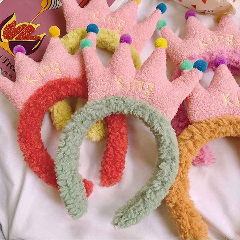 Băng đô cài tóc rửa mặt Hình Vương Miện Phối Lông Dễ Thương Phong Cách Hàn Quốc Cho Nữ