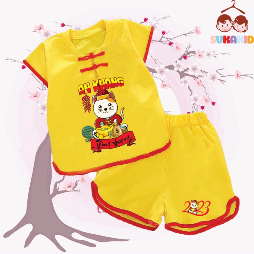 Gía sỉ Bộ quần áo tết hình mèo an khang thịnh vượn bé nút tàu tết bé từ 6kg-29kg.NT08.