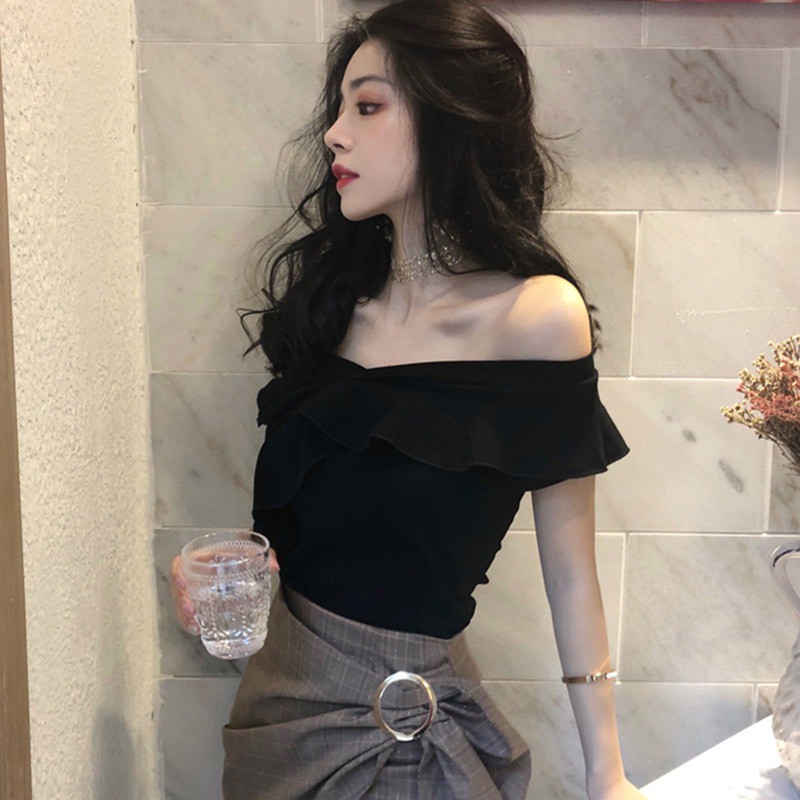 FREESHIP ĐƠN 99K_ Women's Slash Neck Solid Short Sleeve Slim Ruffles T-Shirt