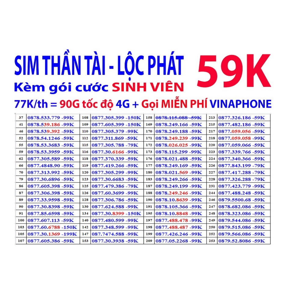 Sim 4G iTel MAY77 Mạng Vinaphone Data 90Gb/Tháng, Gọi Miễn Phí VinaPhone, Free 60 SMS, Sim 4G Giá Rẻ0