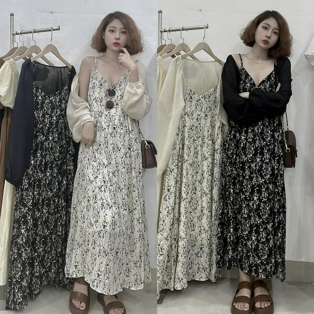 Set váy 2 dây hoa nhí kèm áo khoác hai màu trắng đen sang chảng đi biển đi dạo phố mã 6236 SINSIN SHOP