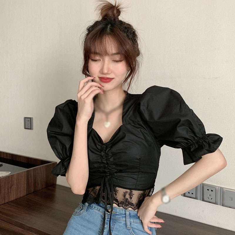Áo kiểu nữ vải voan tay ngắn cổ chữ V phối ren thời trang xinh xắn