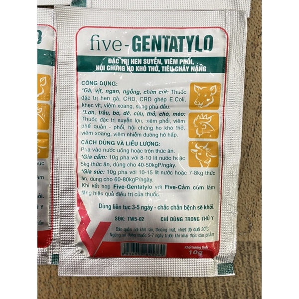 1 gói FIVE-GENTATYLO 10g điều tri hen suyễn, viêm phổi, ho khó thở, ỉa chảy nặng