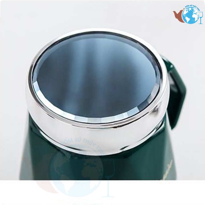 Ly sứ nắp tráng gương thân ly họa tiết kim cương 460ml có tay cầm cao cấp