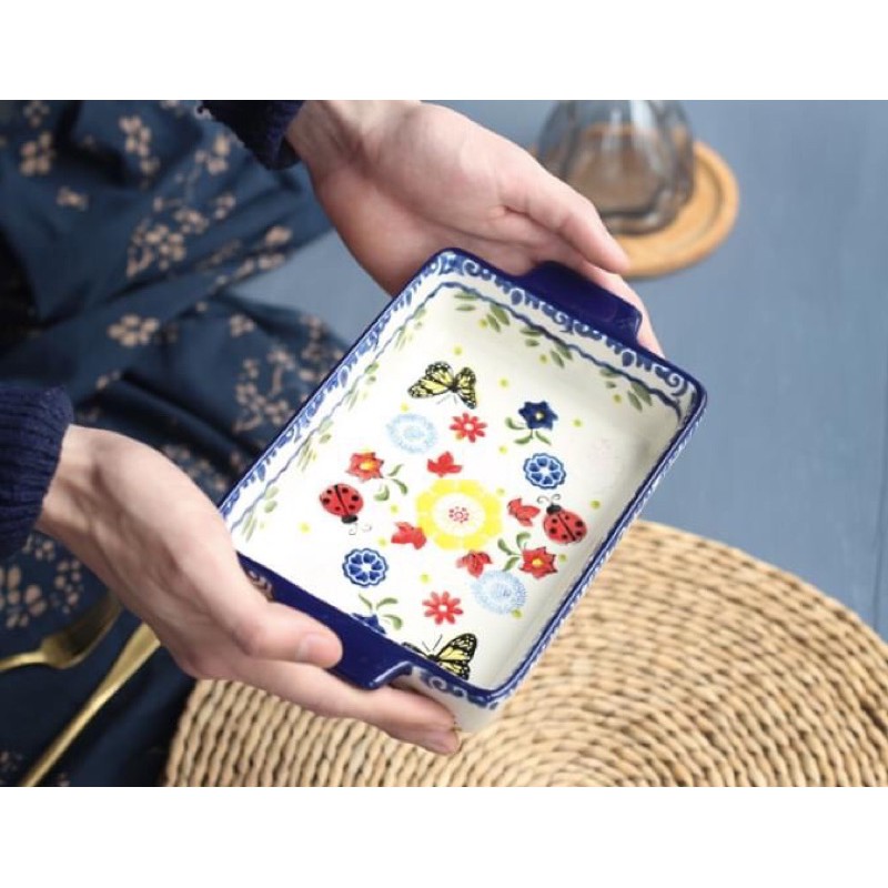 Khay sứ chữ nhật 2 tai hoa bướm