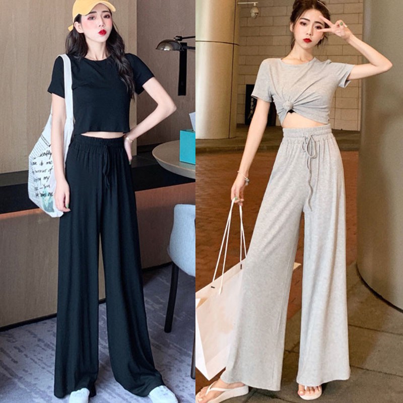 Bộ áo thun ngắn tay và quần ống rộng lưng cao phong cách năng động trẻ trung dành cho nữ