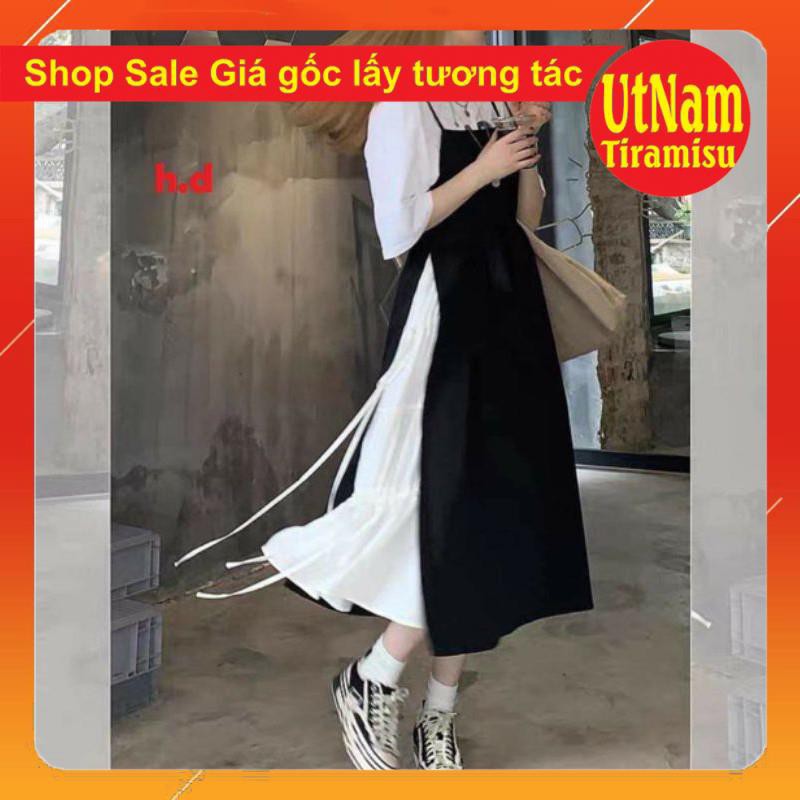 Sét váy 2 dây buộc eo phối váy trắng dáng xòe + áo thun trắng chất tuyết mưa basic nữ | BigBuy360 - bigbuy360.vn