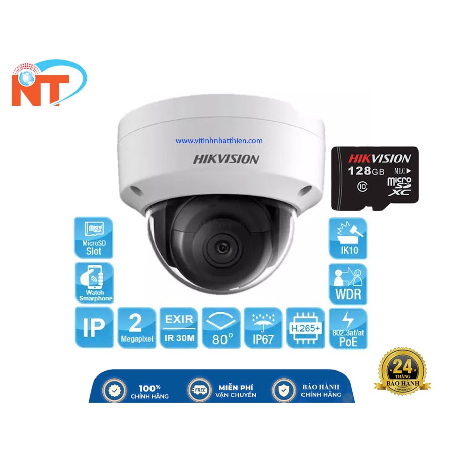 CAMERA IP DOME HỒNG NGOẠI 2.0 MEGAPIXEL HIKVISION DS-2CD2123G0-I hỗ trợ khe cắm thẻ nhớ và POE