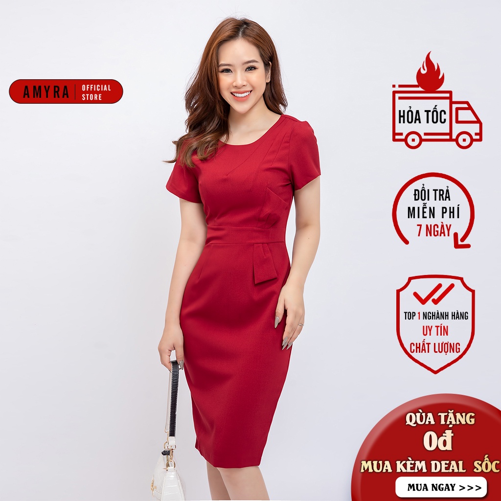 Đầm trung niên ôm body công sở AMYRA, thiết kế nơ eo dự tiệc cao cấp sang trọng mặc đi làm, đi tiệc cho mẹ  DA721
