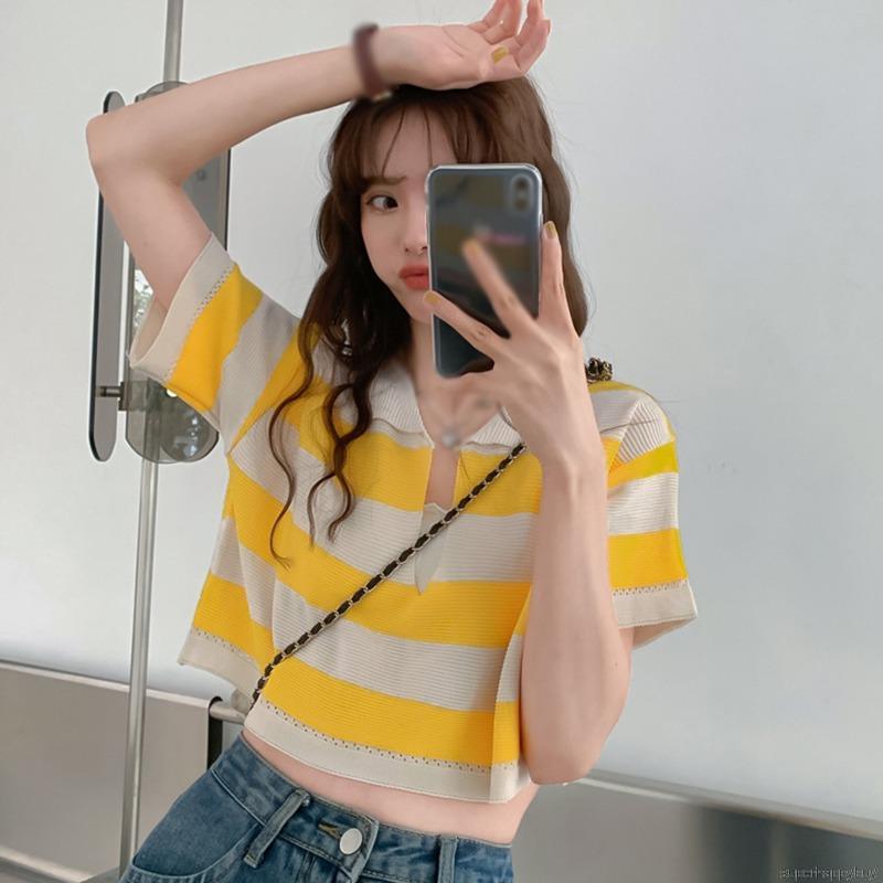 Áo croptop dáng rộng tay ngắn cổ chữ V họa tiết sọc thời trang thường ngày cho nữ