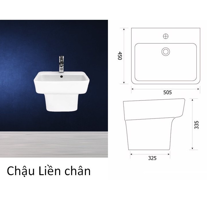 Lavabo chậu liền chân, liền khối vuông cao cấp men trắng