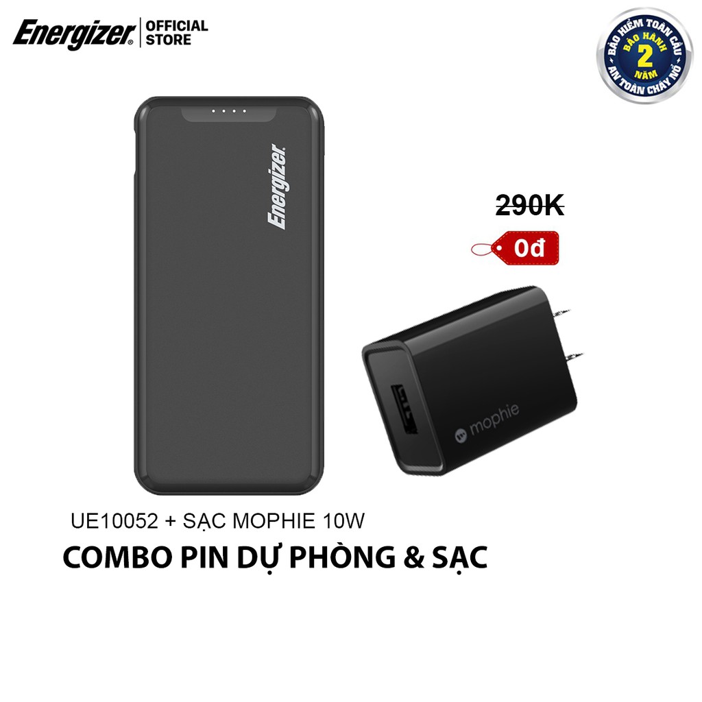 Combo pin dự phòng Energizer 10000mAh UE10052 + Cốc sạc Mophie 10W - Hàng chính hãng, Bảo hành 2 năm 1 đổi 1