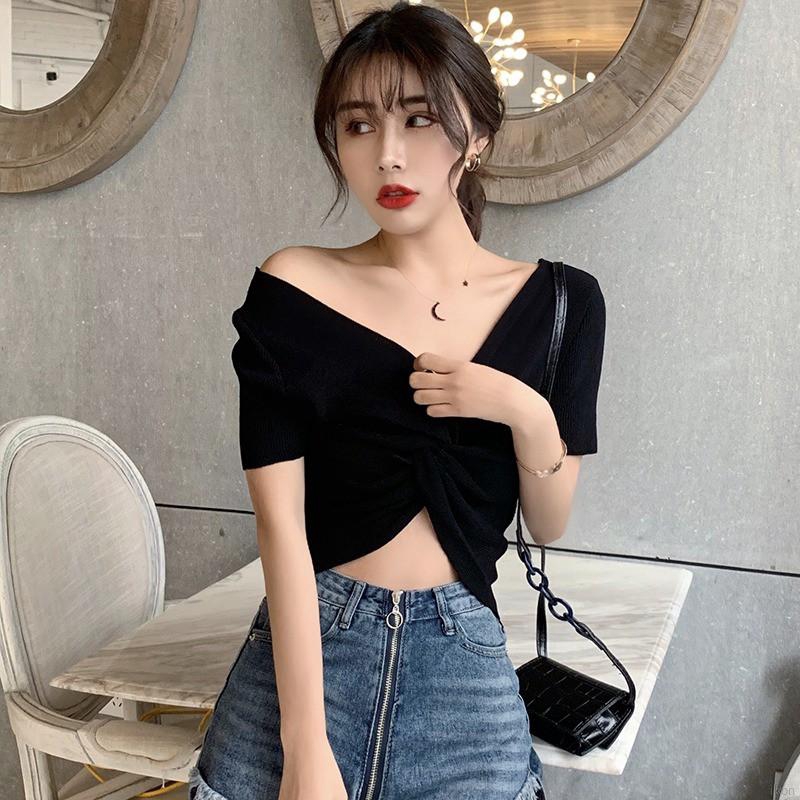 Áo Croptop Dệt Kim Tay Ngắn Thiết Kế Trễ Vai Quyến Rũ