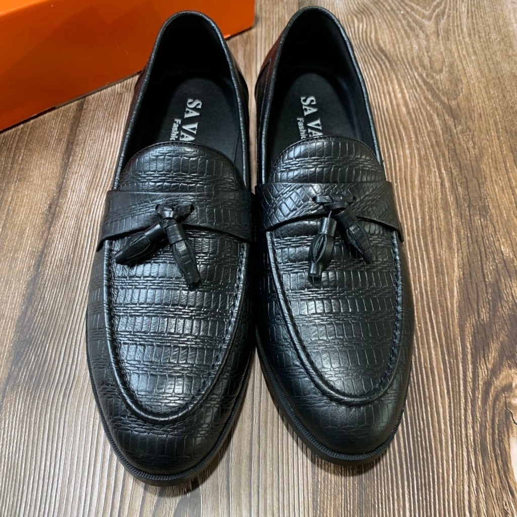 Giày tây công sở nam da bò nguyên miếng chuẩn 100% chuông vân đen cao cấp