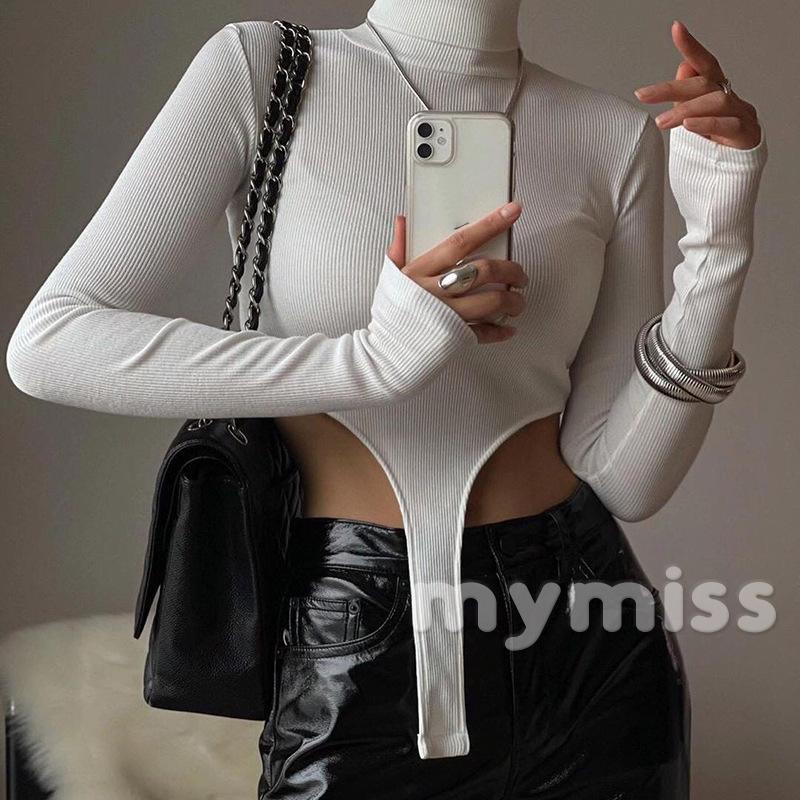Bodysuit tay dài cổ rùa màu trơn màu đen/xám/trắng cho nữ
