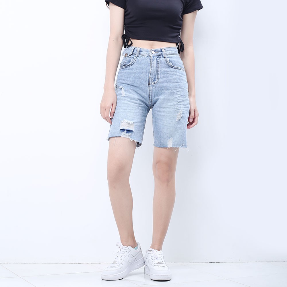 Quần shorts ngố jeans nữ SAIGONJEAN đắp túi nhỏ có nắp tua lai phong cách trẻ trung sành điệu QS023