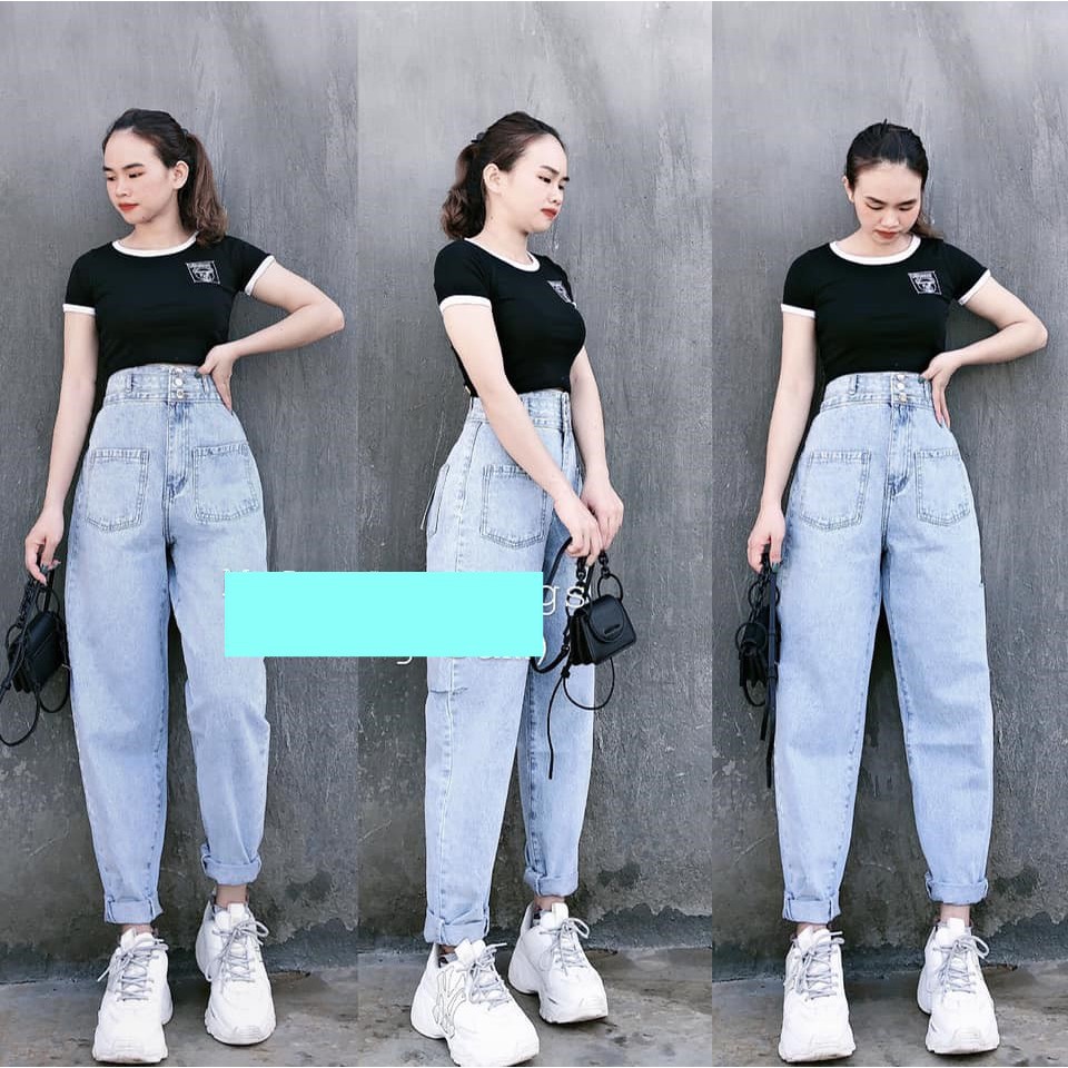 [ FREESHIP, CÓ LOẠI KHÔNG RÁCH ] QUẦN BAGGY JEAN NỮ LƯNG CAO MÀU XANH NHẠT CAO CẤP HADI 2 TÚI TRƯỚC, 3 NÚT