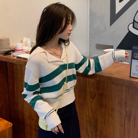 Áo Len Nữ Dài Tay Cổ Bẻ Sọc Ngang Thời Trang Hàn