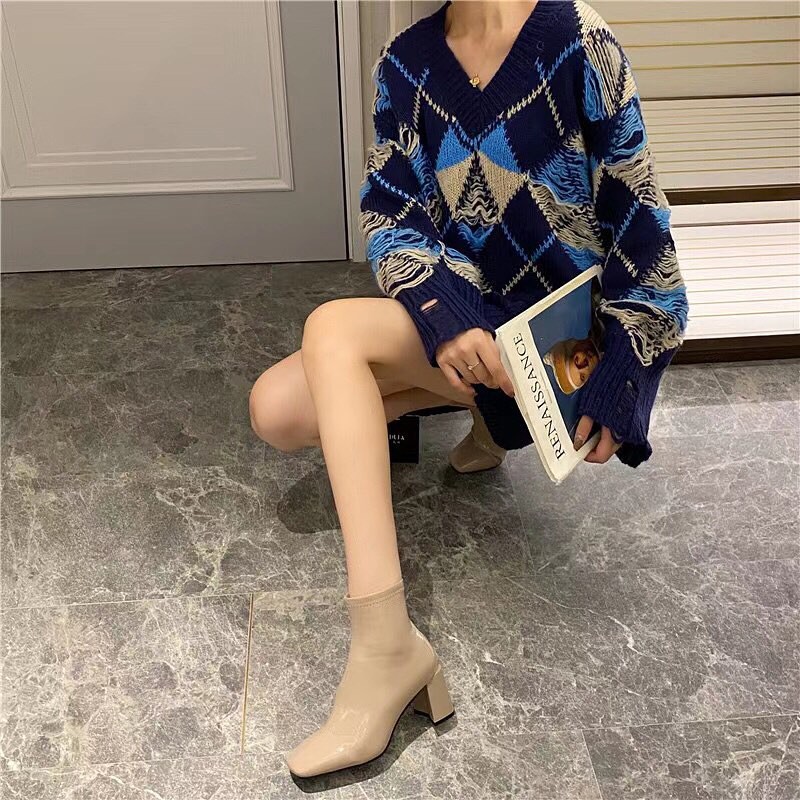 BEESHOES - GIÀY BOOT NỮ MŨI VUÔNG TRƠN GÓT TRỤ - GIÀY BỐT NỮ MŨI VUÔNG GÓT TRỤ CAO 7 PHÂN SẴN MÀU ĐEN - KEM - NÂU