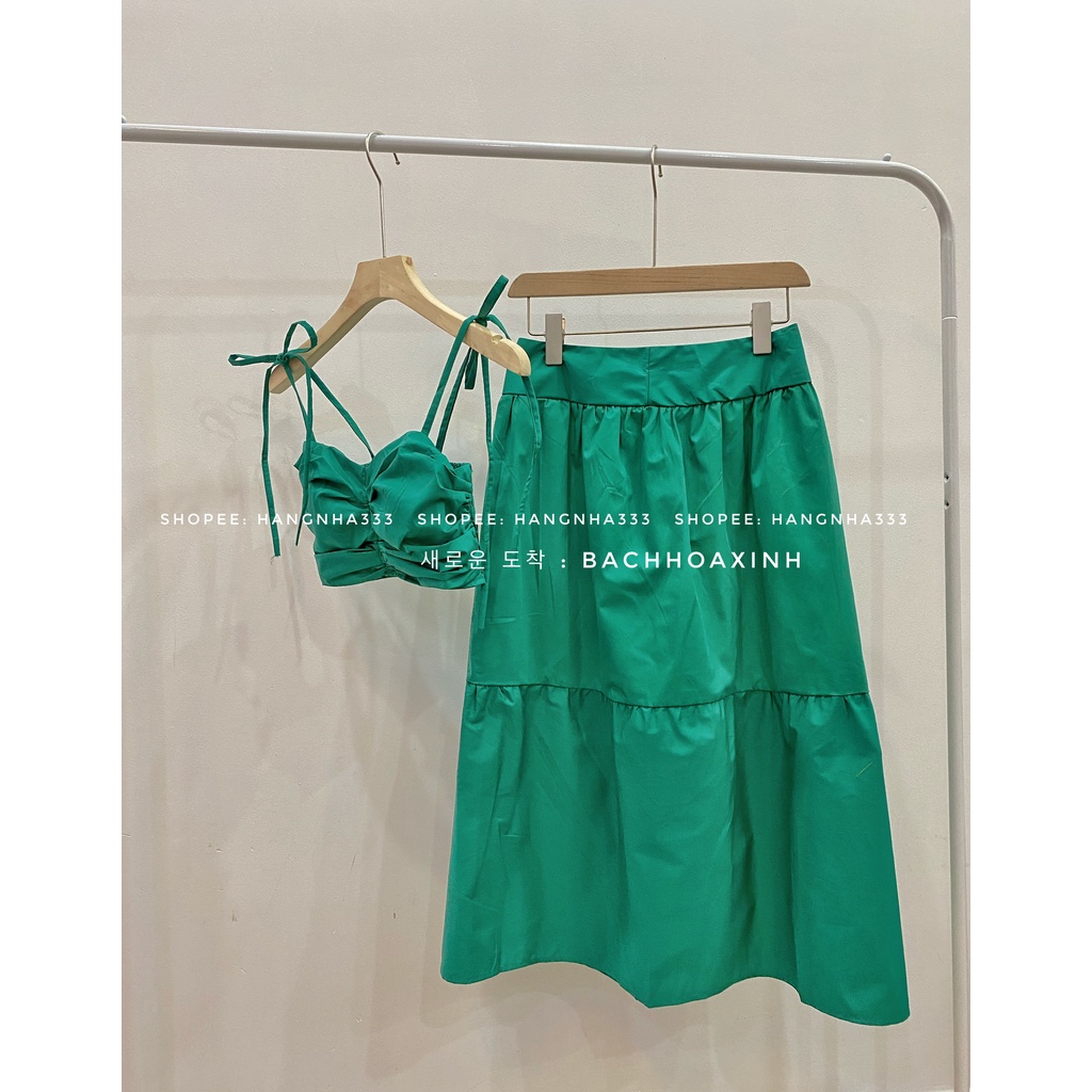 NEW ARRIVAL || Set Áo croptop nhún ngực cột dây Chân váy xòe khóa lưng form maxi đi biển Ulzzang nhiều màu | BigBuy360 - bigbuy360.vn
