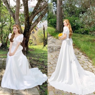 Đầm maxi trắng dạ hội tay phồng đuôi dài, váy cô dâu sang trọng