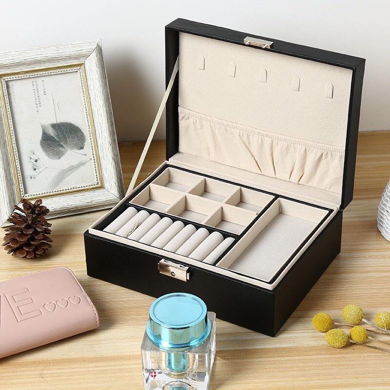 (CAO CẤP) Hộp đựng trang sức bọc da hai tầng có khóa - hộp đựng nữ trang cao cấp Giá Rẻ