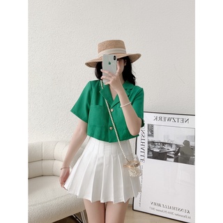Áo sơ mi croptop cổ vest cúc giả kim LYRA, chất linen thô form xinh xắn-VSYAS0092