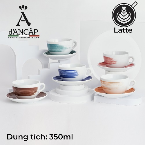 Volcano Bộ đĩa và ly sứ cà phê Ancap Latte 350ml vẽ tay lên thân