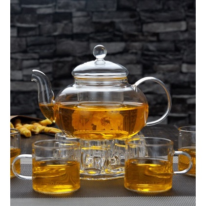 Bộ Ấm Pha Trà Thủy Tinh Chịu Nhiệt Dung Tích 600ml, Bộ Bình Trà Kèm 06 Chén và 01 Đế Nến