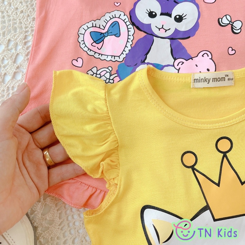 NT077 Bộ cộc thun lạnh áo cánh tiên quần phối viền bèo in hoạ tiết Minky Mom cho bé gái