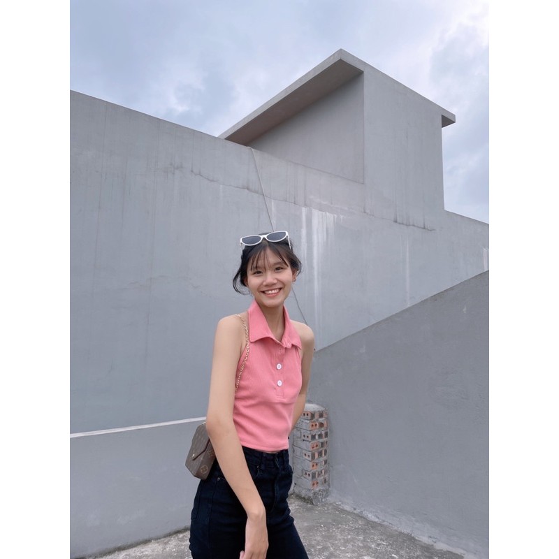 Áo croptop polo hở lưng Boin chất bo gân cotton co dãn 4 chiều siêu đẹp from ôm 5 màu trắng/đen/hồng/tím/tan_ Hình Thật