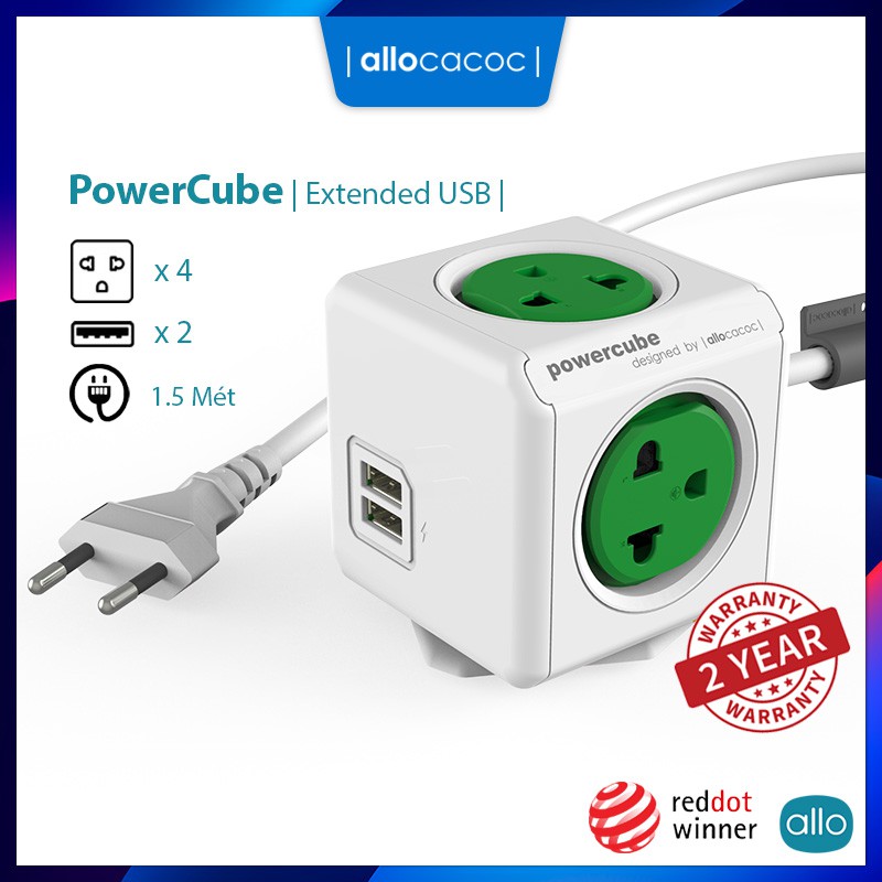 Ổ Cắm Điện Thông Minh Đa Năng Allocacoc PowerCube Extended USB, Chống Cháy, Cáp 1.5m, 4 Ổ Cắm 2 Sạc USB, Bảo Hành 2 Năm