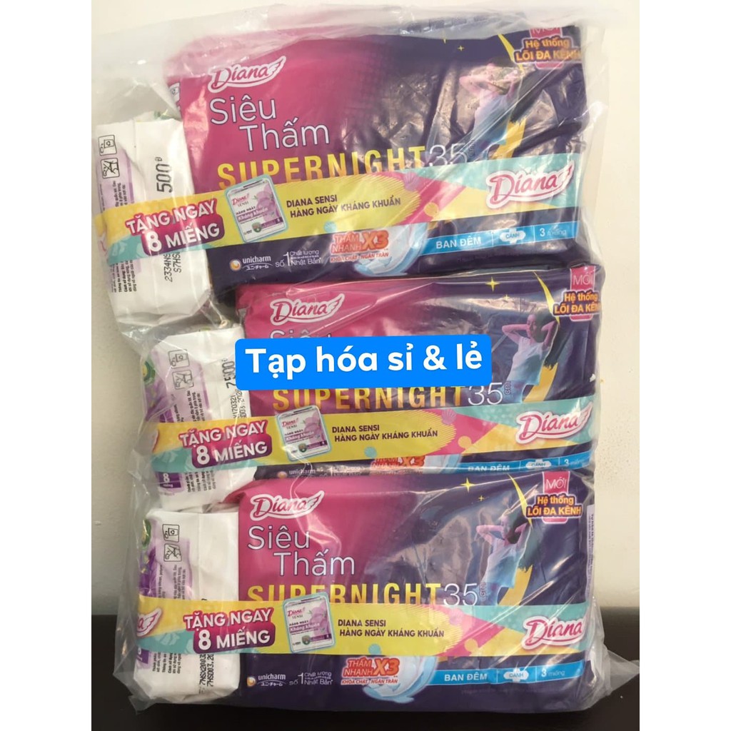 6 gói Diana Super Night Ban Đêm 35cm tặng 3 gói hàng ngày gói (8m) hoặc 6 gói bvs cool tùy đợt hàng tặng