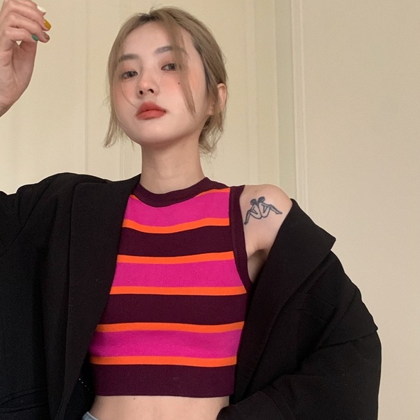 Áo sát nách ZHELIHANGFEI dệt kim họa tiết kẻ sọc ngang phong cách quyến rũ cho nữ