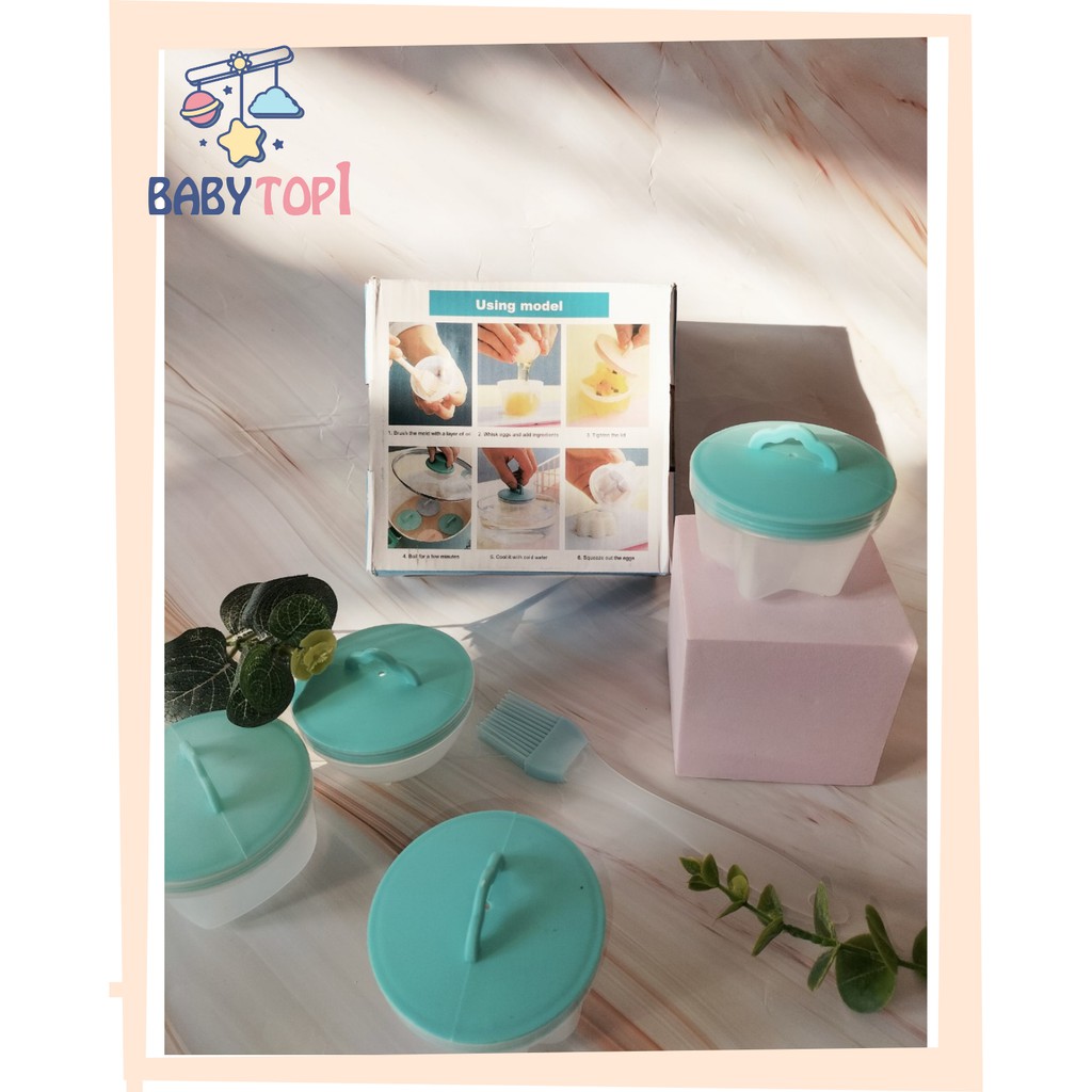 Sét Khuôn Hấp Trứng, Làm Bánh Ăn Dặm Cho Bé (Bộ 4 Khuôn có chổi quét, Nhựa Chịu Nhiệt Cao Cấp)