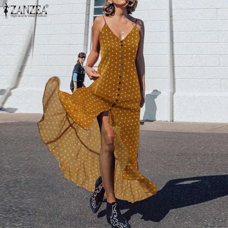 Đầm Maxi Zanzea Hai Dây Hoạ Tiết Chấm Bi Xinh Xắn Thời Trang Đi Biển Cho Phụ Nữ