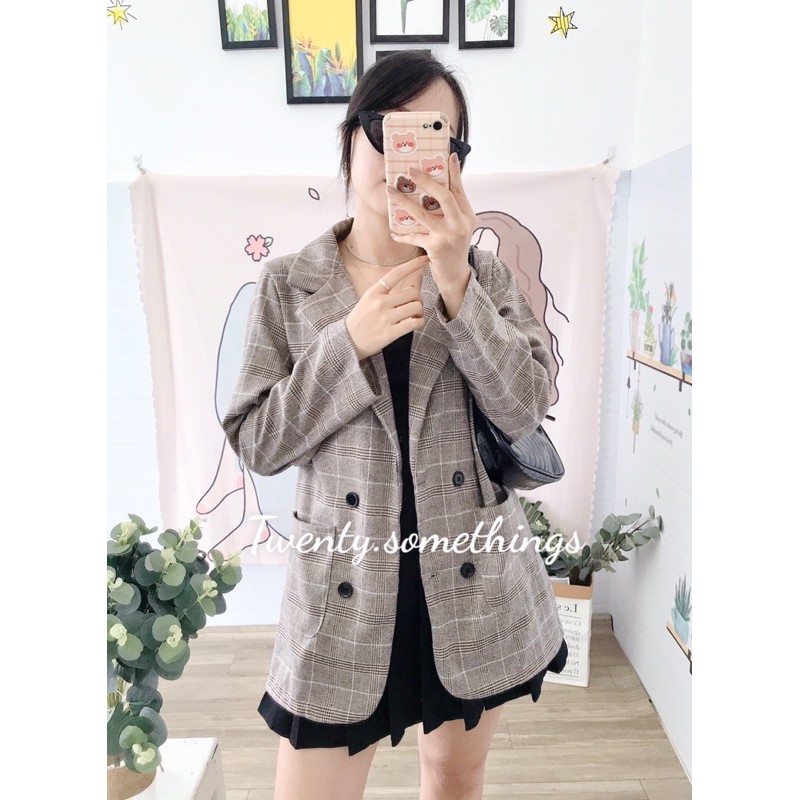 ÁO BLAZER KẺ NÂU SỮA 1 LỚP (ảnh thật/sẵn/video) | BigBuy360 - bigbuy360.vn