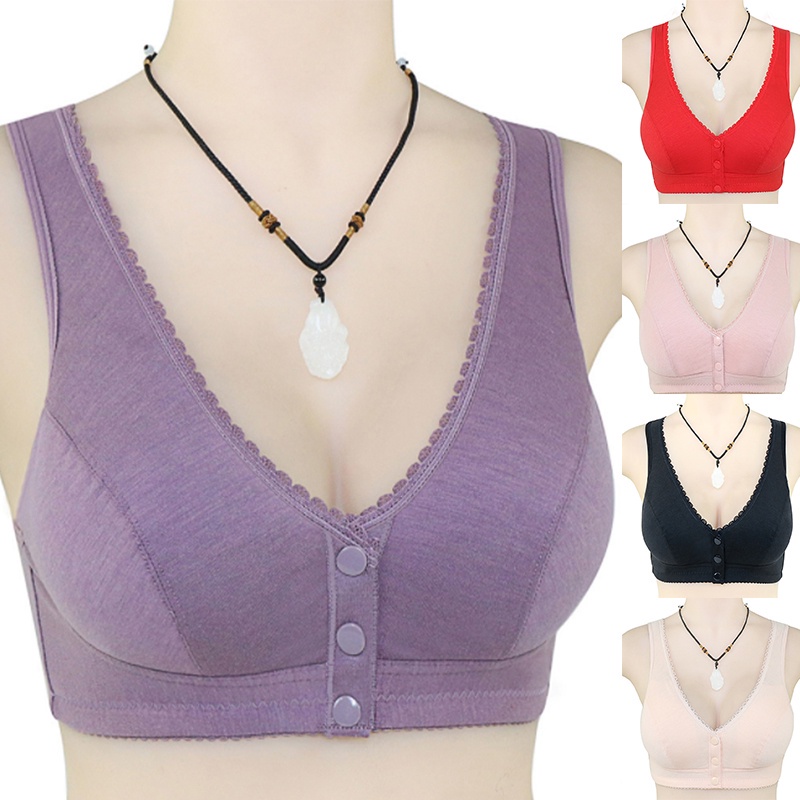 Áo lót vải cotton Mềm Mại Màu Trơn Phối Ren Cài Nút Trước Không Gọng Cho Nữ