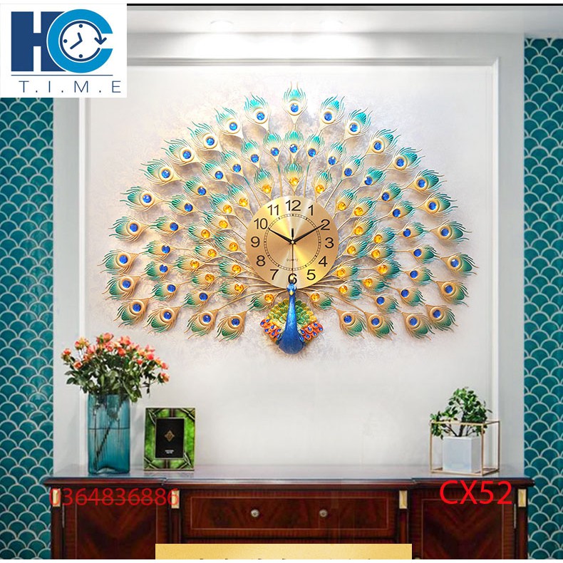 Đồng hồ treo tường trang trí chim công decor CX52 kích thước 100x70 cm