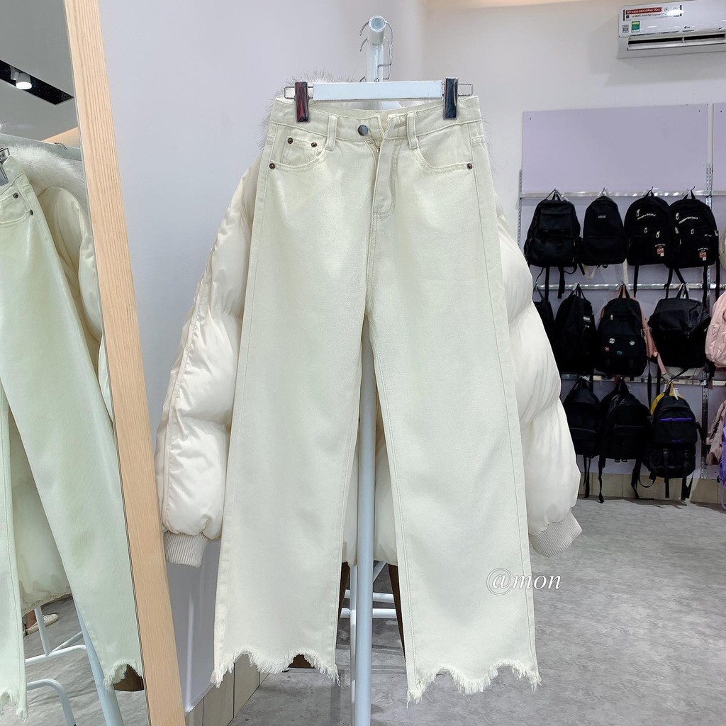 190517 Quần baggy jeans nữ ulzzang ống đứng form vừa tua rua gấu 2 màu có size