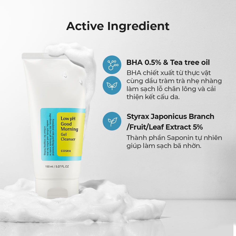 Set sữa rửa mặt COSRX dạng gel độ pH thấp 150ml + 18 miếng dán mụn ĐEN