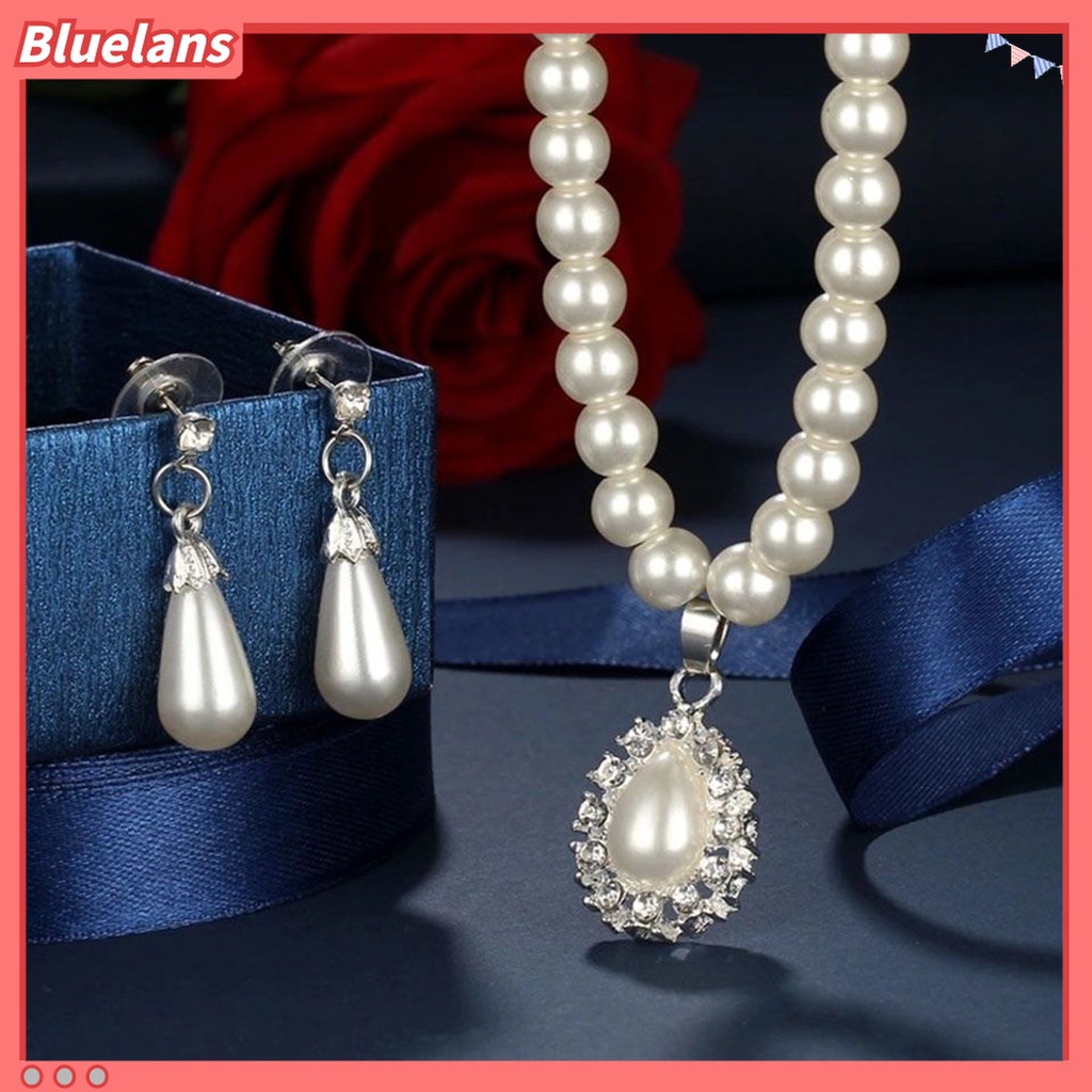 Bộ Vòng cổ + Bông Tai Đính Ngọc Trai Hình Giọt Nước Cho Nữ