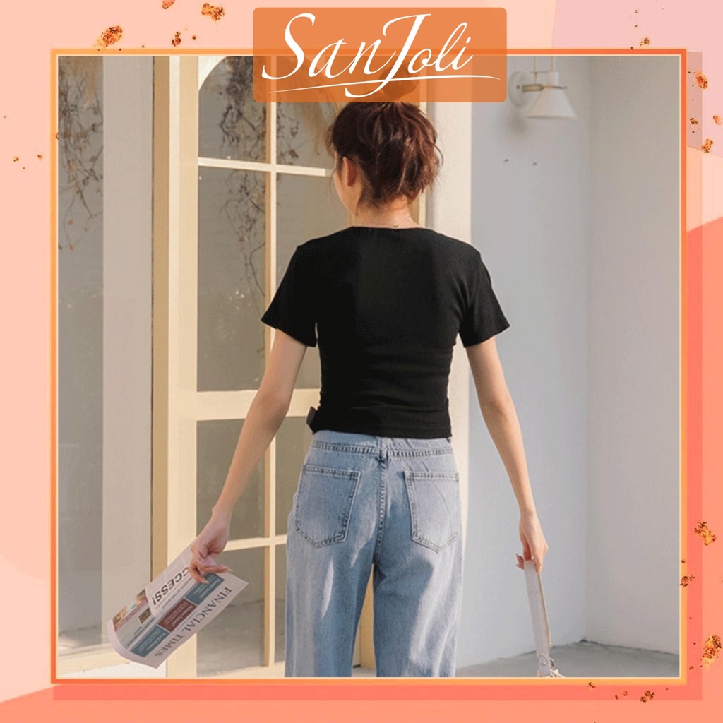 Áo Croptop Rút Dây Tay ngắn LOKOSA chất thun gân co giãn rút ngực buộc nơ cá tính ôm sexy cổ tim màu đen trắng AO002