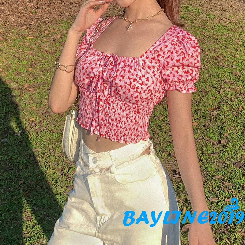 Áo croptop cổ vuông tay phồng ngắn phối ren phong cách vintage thời trang mùa hè cho nữ