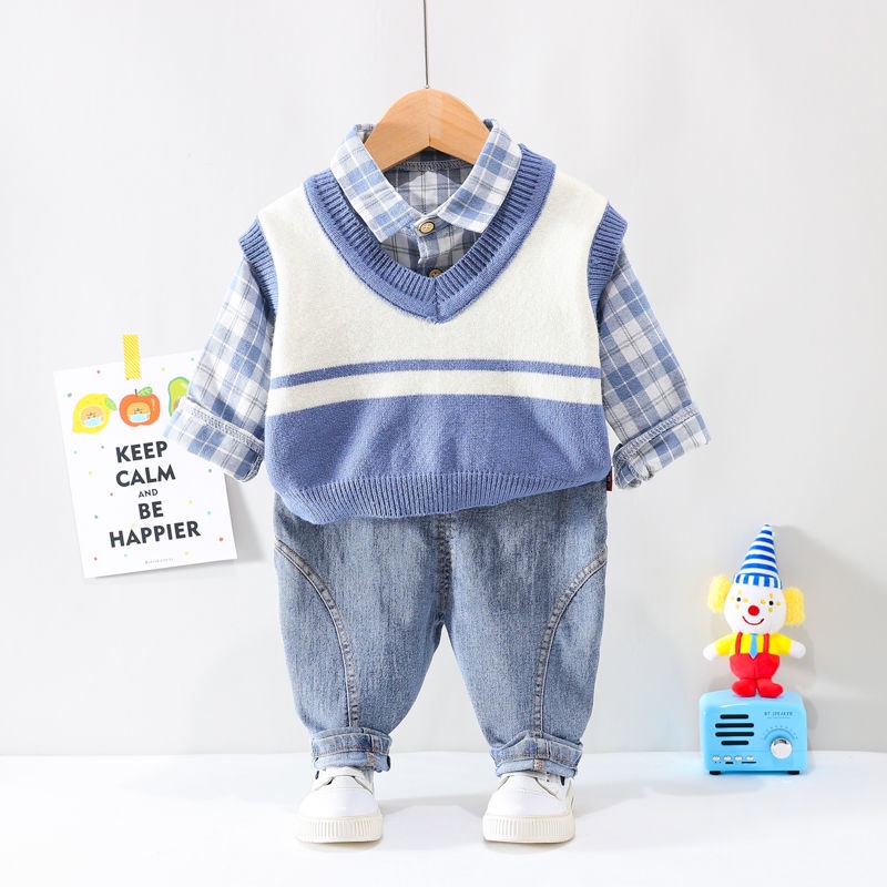 Set Áo Sơ Mi Caro + Áo Khoác Ghi Lê Thời Trang Cho Bé Trai